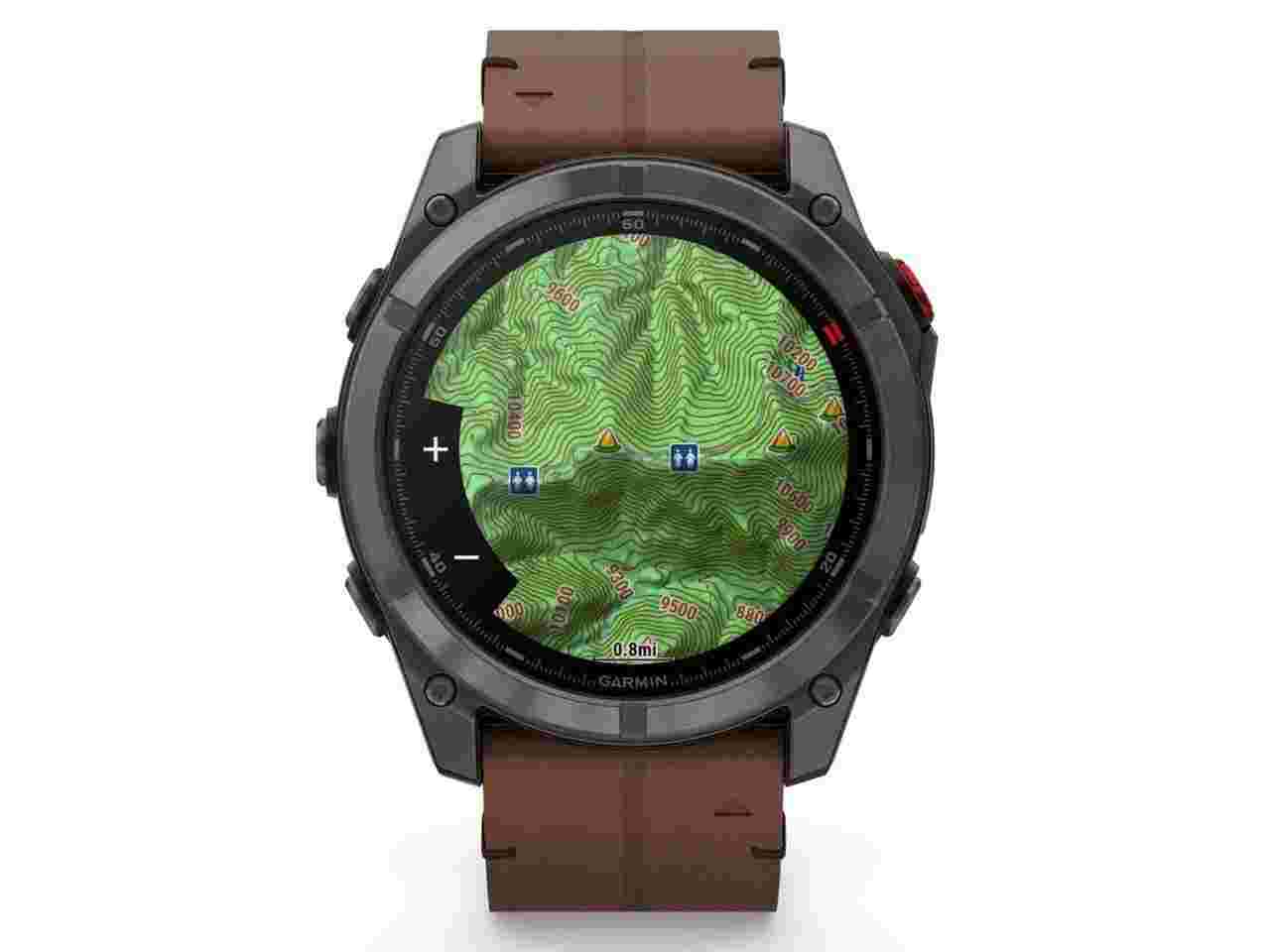 Garmin fenix 8 Pro 51mm AMOLED faserverstärktes Polymer und Titan DLC-Carbongrau digitales Zifferblatt braunes Lederband