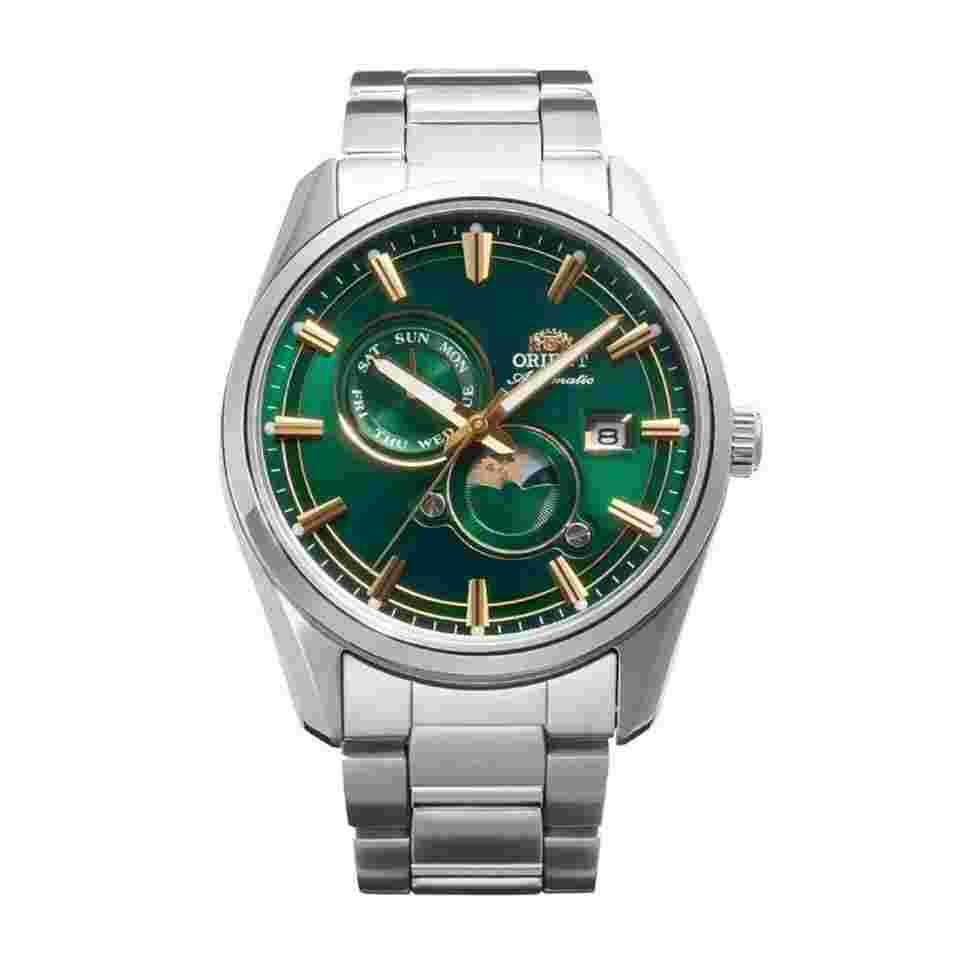 Orient Sun and Moon Stretto Sun & Moon RA-AK0314E Green Dial Stainless Steel Men's Watch - 41.5mm Brand New Full Set Watch