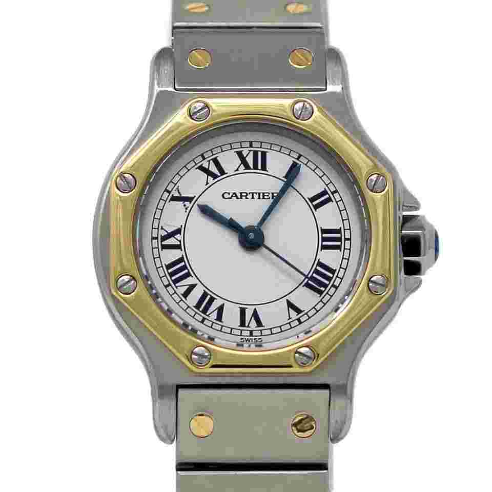 Cartier Santos Octagon Steel Gold Automatic White Roman 1Year Warranty #547-1