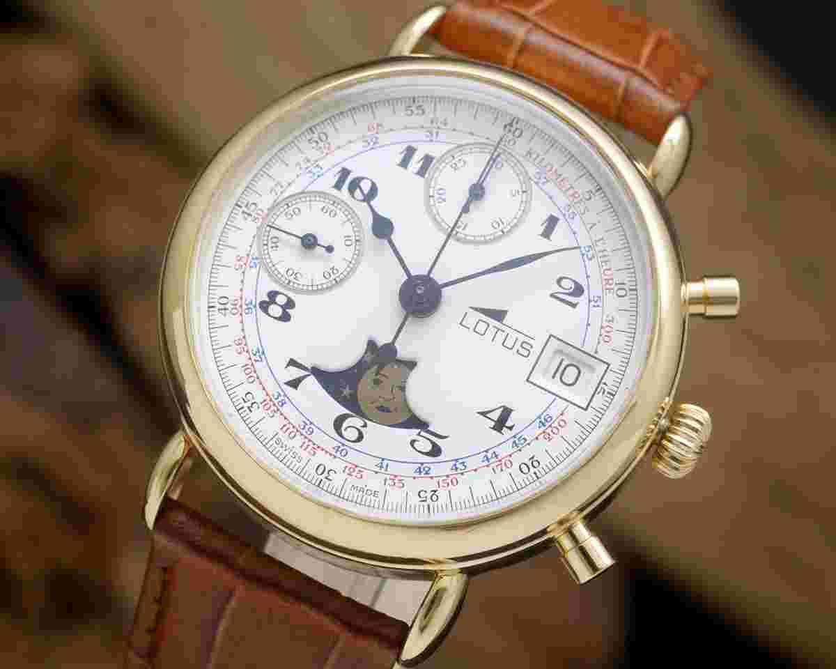 Lotus New Old Stock mechanical Chronograph moonphase see through NOS vintage SERVICED WARRANTY Rare piece Valjoux 7768 a beauty!