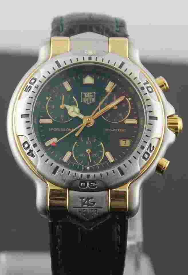 TAG Heuer 6000 Professional CH1151 QUARTZ Chronograph 18K GOLD Men's GREEN Watch