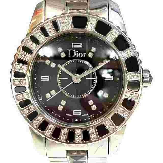 Dior Christal Crystal Diamond Bezel Watch Total Weight 75.8g Stainless Steel Quartz Black Dial CD112116M001