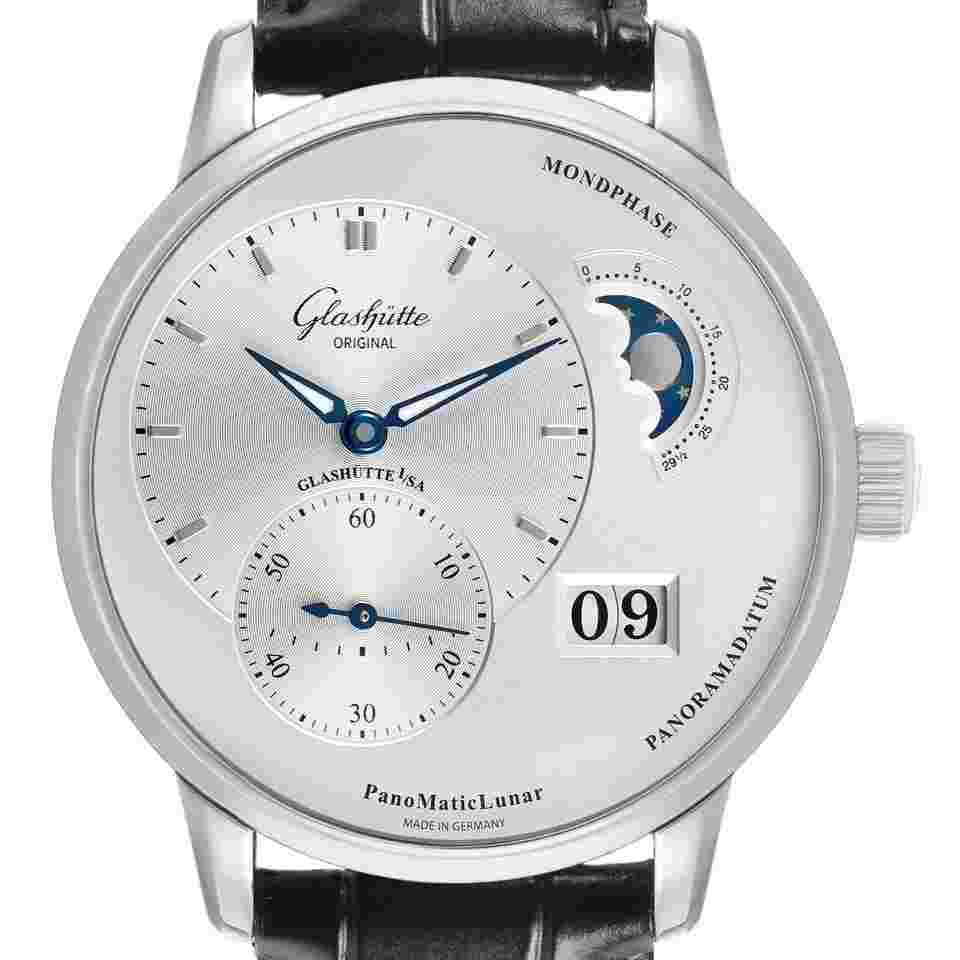 Glashutte PanoMaticLunar Steel Silver Dial Mens Watch 1-90-02-42-32-61 Box Papers 