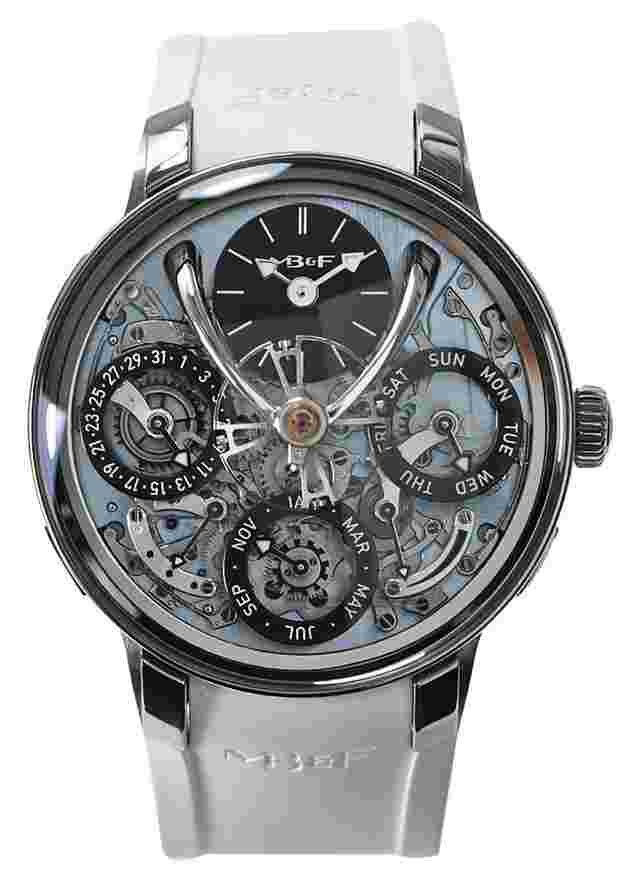 MBandF Legacy Machine Perpetual EVO Blue in Titanium on White Rubber Strap with Skeleton Dial and Ice Blue Baseplate 