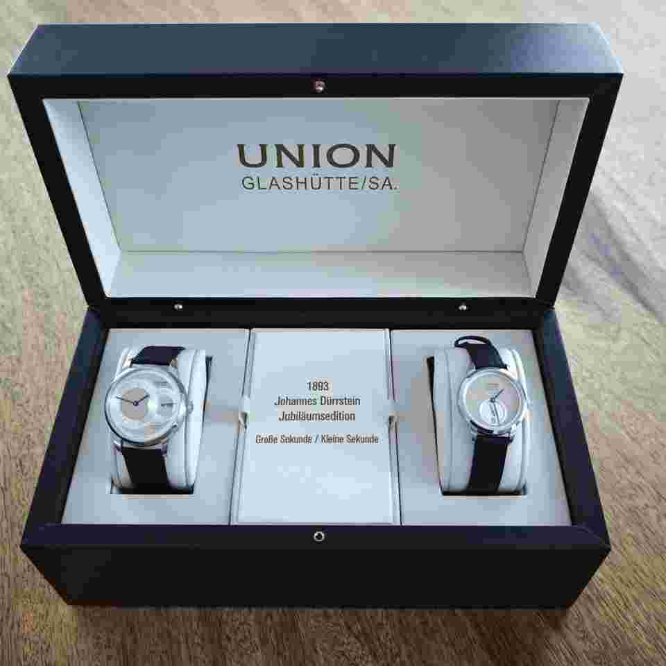Union Glashütte 1893 Large Second Johannes Dürrstein Jubiläumsedition Set aus Herren und Damenuhr limitiert Glashütter Automatikwerk Zeiger blau silberfarbene Indizes