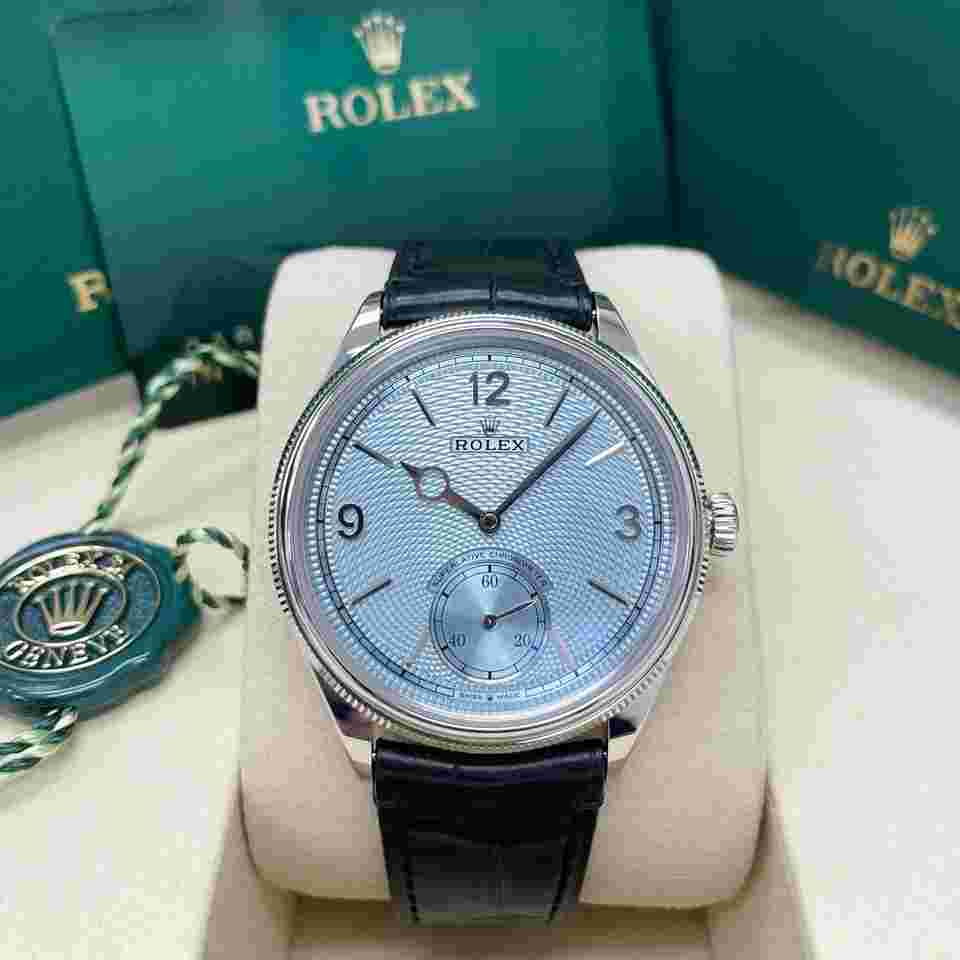 Rolex 1908 UNWORN 1908 Platinum Ice Blue Dial 52506 Black Leather Strap 39mm Full Set Unworn Complete Box & Papers