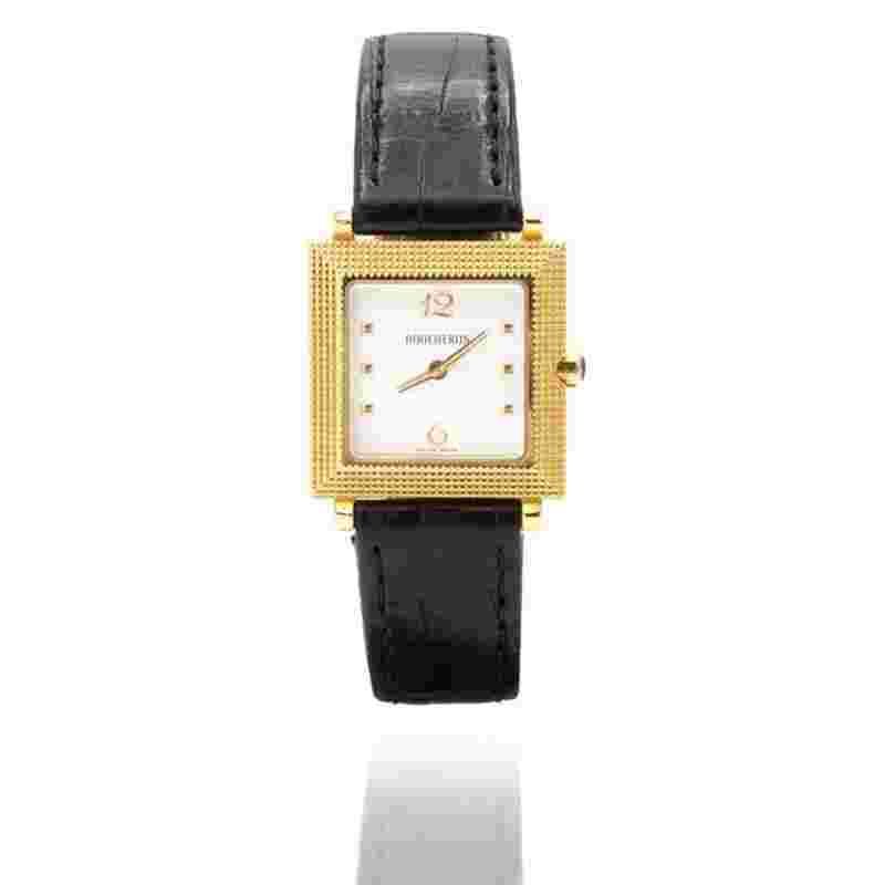 Boucheron Carrée 23MM 18K Yellow Gold / White Arabic Dial / Leather Strap / Box and Papers 2005 / Perfect Condition [ 25 Grams Gold Net Weight ]