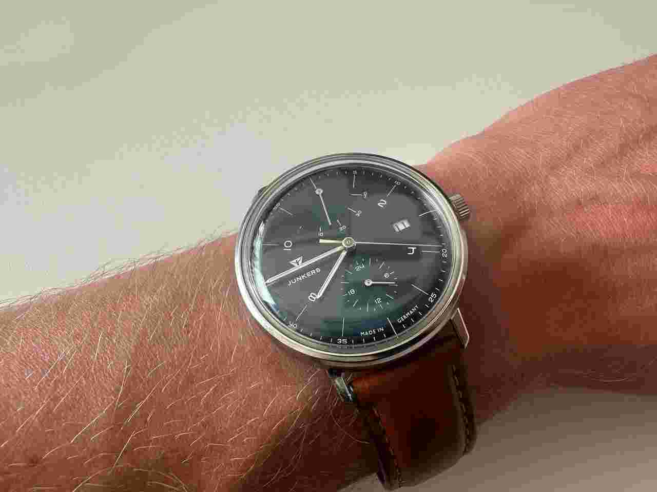 Junkers Bauhaus Power Reserve Color blue 41 mm Leather strap Glass bottom