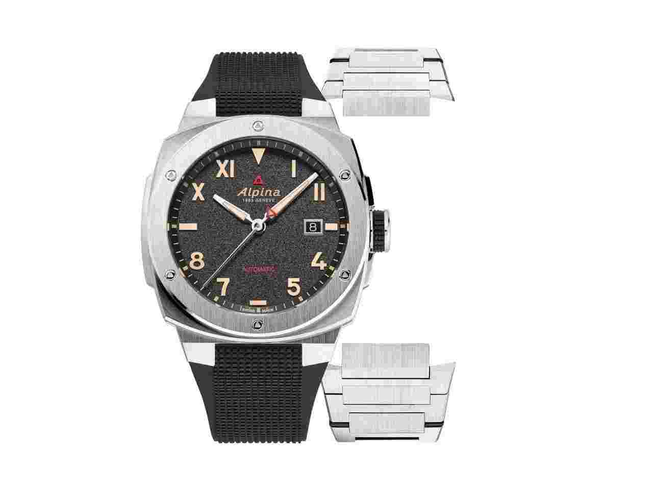Alpina Alpiner Roller Aktions-Set: Alpiner Extreme Automatik Edelstahl 41mm schwarz Kautschukband mit zusätzlichem Metallband