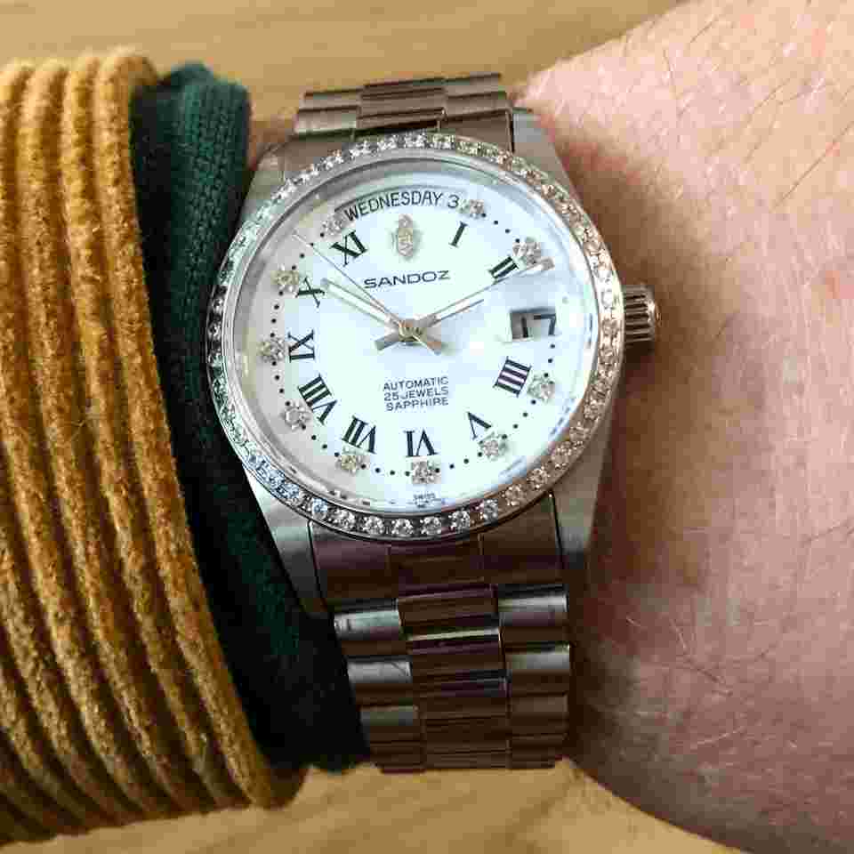 Sandoz SWISS MADE / Real DIAMONDS / OYSTER case 36mm UNISEX / DayDate AUTOMATIC ETA 2824 / Cyclops SAPPHIRE crystal / Rolex Tudor style / EXTRA RARE vintage / TOP CONDITION / FULLY working / Keeps GOOD TIME ORIGINAL bracelet