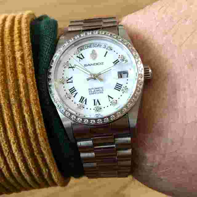 Sandoz SWISS MADE / Real DIAMONDS / OYSTER case 36mm UNISEX / DayDate AUTOMATIC ETA 2824 / Cyclops SAPPHIRE crystal / Rolex Tudor style / EXTRA RARE vintage / TOP CONDITION / FULLY working / Keeps GOOD TIME ORIGINAL bracelet