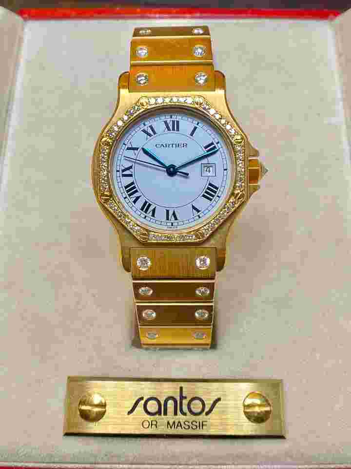 Cartier Santos
                           
                                 Octagon Factory Diamond 18K Yellow Gold Patina Spider Dial White Roman with Box