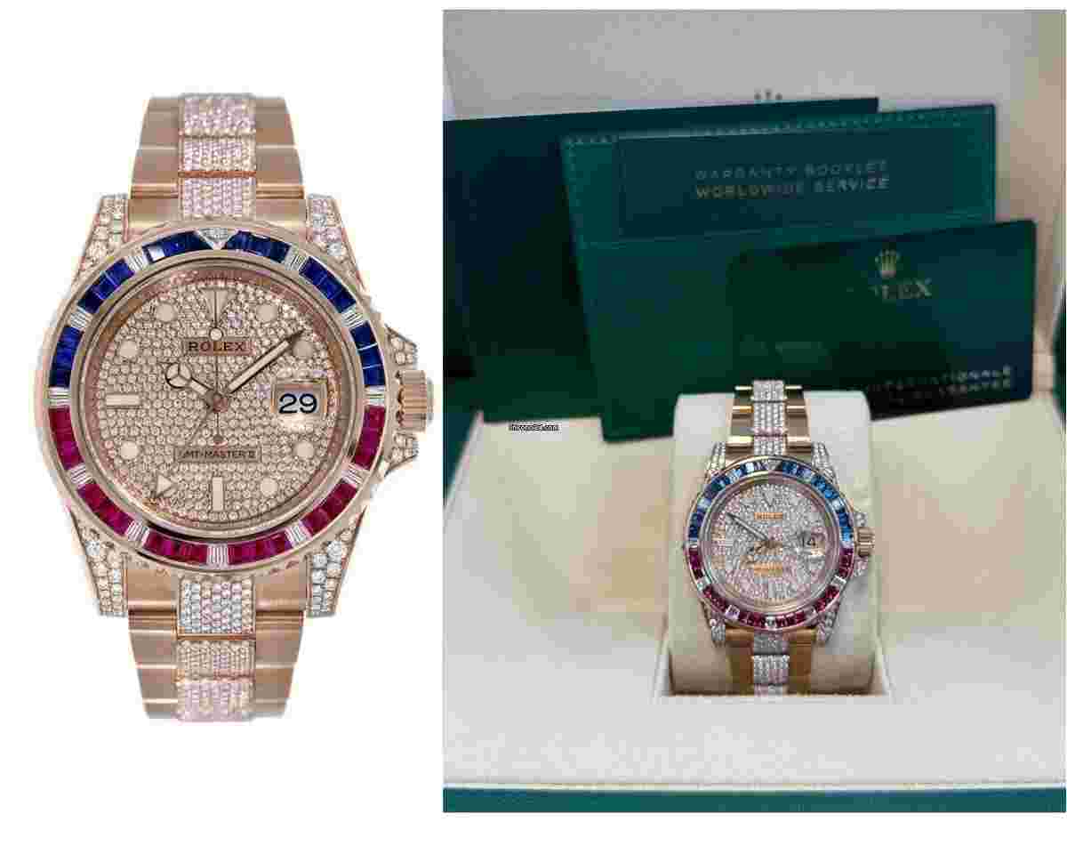 Rolex GMT-Master II
Everose Gold Full Diamond Paved Dial Bracelet Sapphire & Ruby