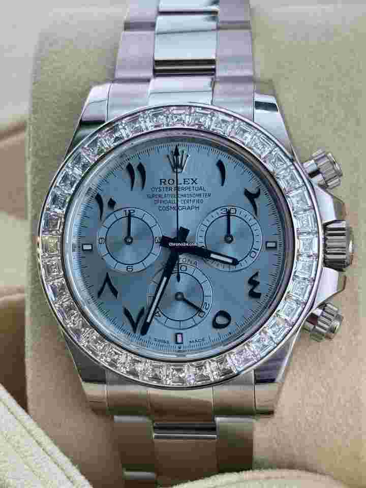 Rolex Daytona
                           
                                 Arabic Ice Blue Dial Bugguatte Diamond Bezel Open caseback New Reference