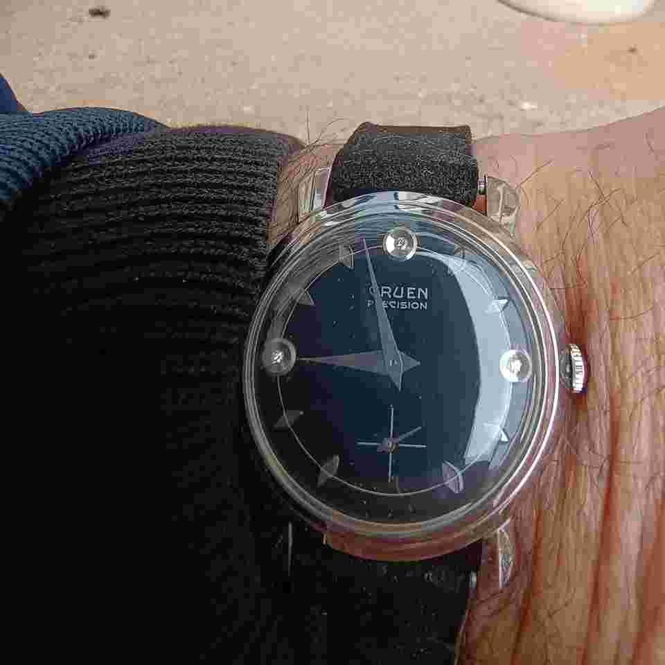 Gruen Precision Governor White rolled Gold 10k Nos diamond black dial