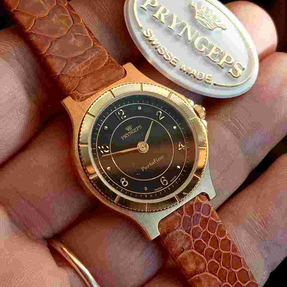 Pryngeps Portofino Lady Quartz st.steel/Gold Plated YG - Vintage 90 NOS Gorgeous black dial with applied indexes and numerals