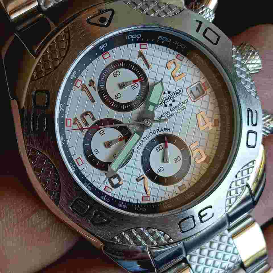 Cadet Chronostar Chronograph WR 100M Mineral Glass. Vintage 98 NOS. Silver dial with background work Arabic numerals and date