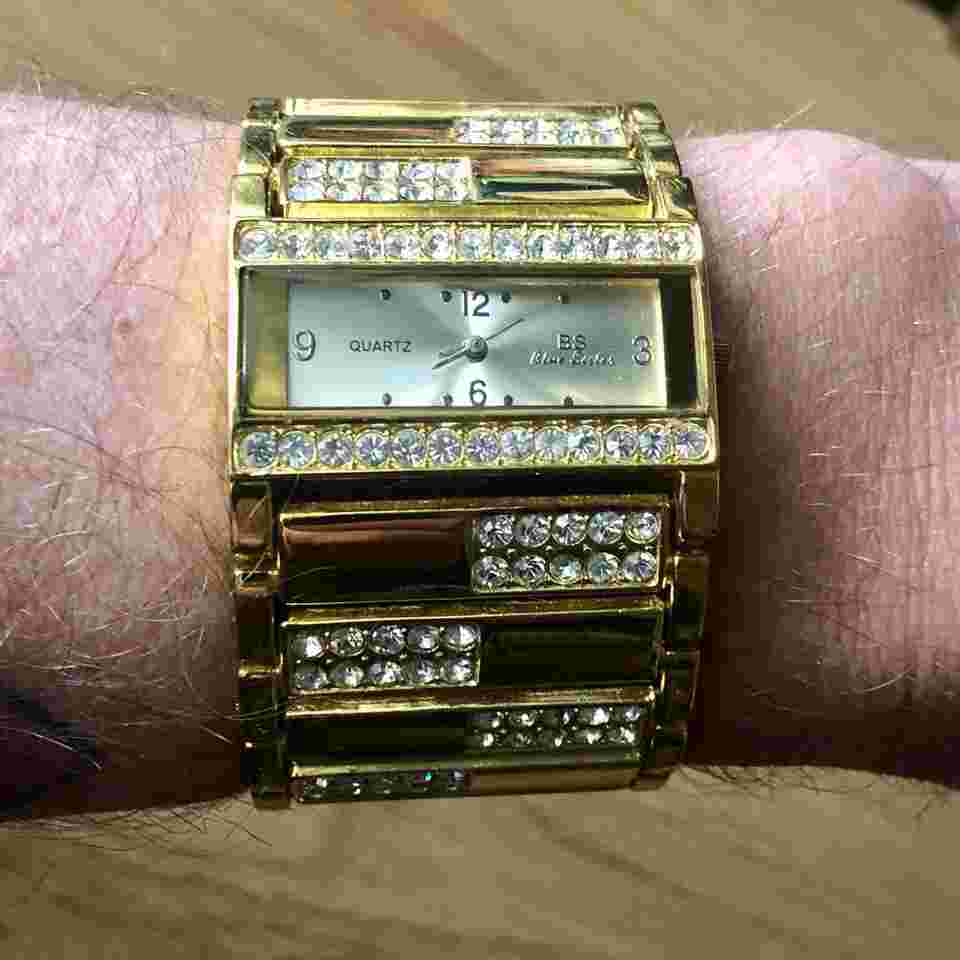 Blue Sister - GOLD & CRYSTALS / CHIC style XL watch 38mm width / RARE vintage 1980s / TOP condition / Keeps GOOD TIME / NEW battery