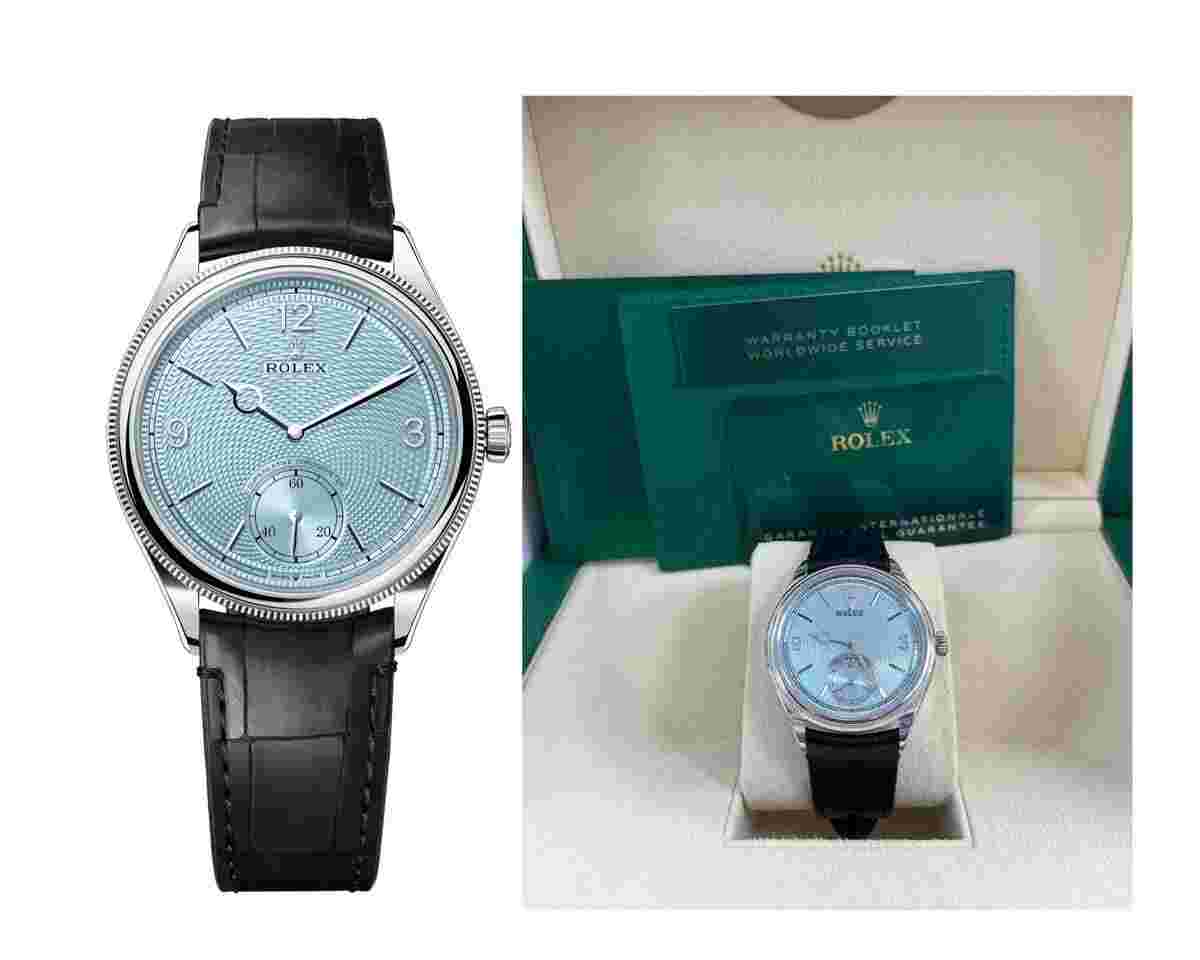 Rolex 1908 Ice Blue Motif Index Dial Leather Strap Reference 52506 Black Alligator Strap
