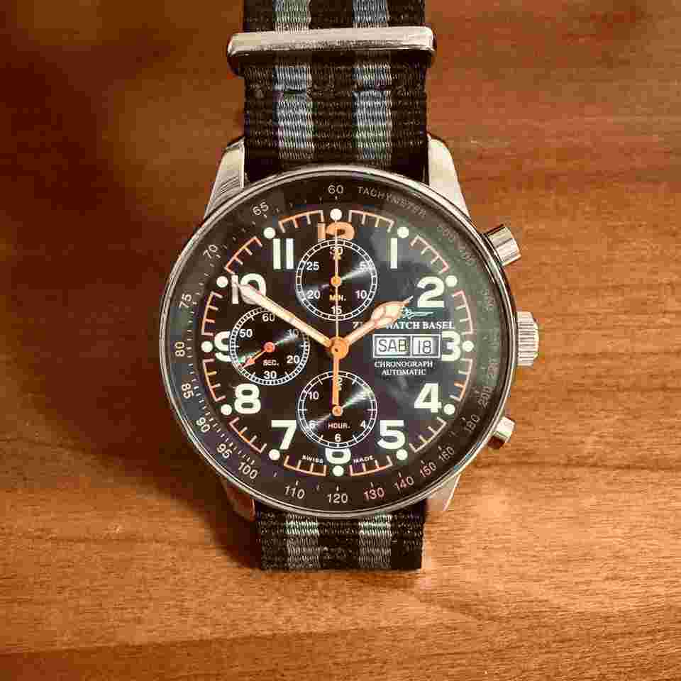 Zeno-Watch Basel X-Large Pilot C Pilot Chronograph Day-Date Full set com caixa documentos e fatura de compra