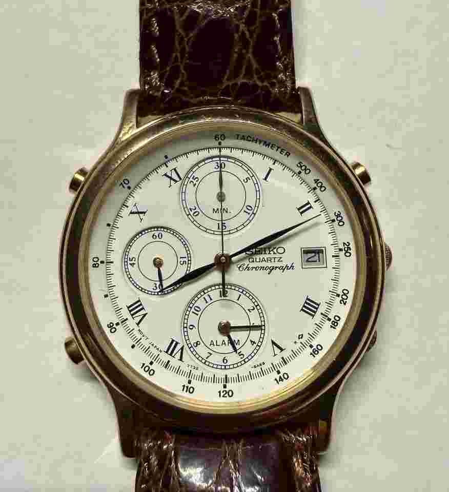Seiko Chronograph Quarz Alarm 18k Solid Gold – Ref. 7T32-6A50 – Pristine Dial & Original Box - Very Rare