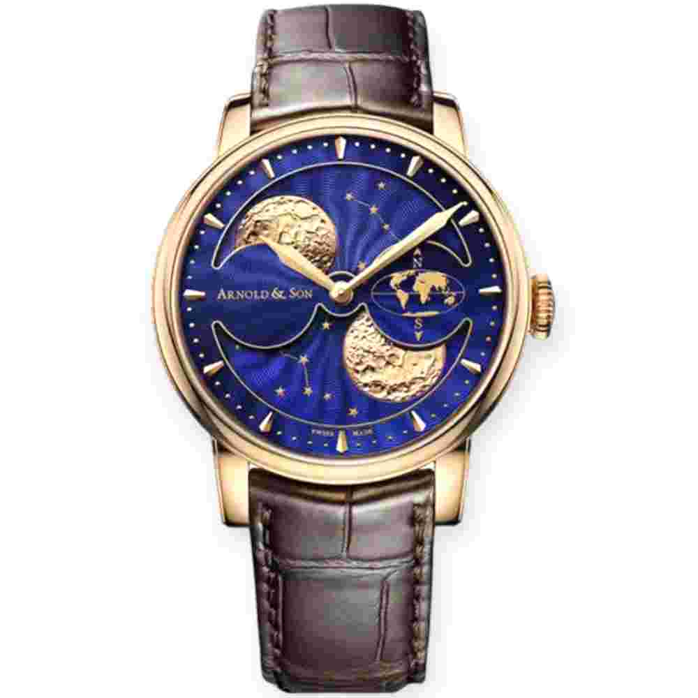 Pre-Owned Arnold & Son Perpetual Moon Double Hemisphere Rose Gold Blue Dial 1GLAR.U03A.C123A