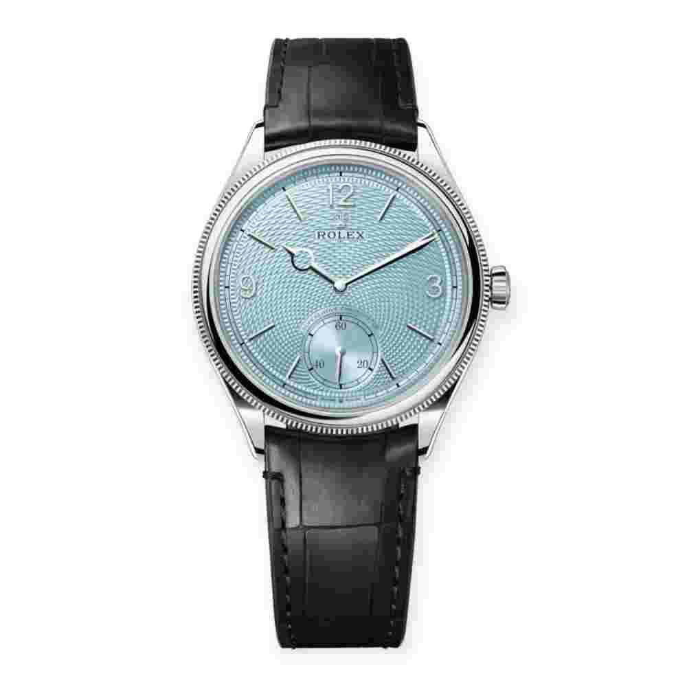 Pre-Owned Rolex 1908 Platinum 39mm Ice Blue Dial Black Leather Strap 52506-0003