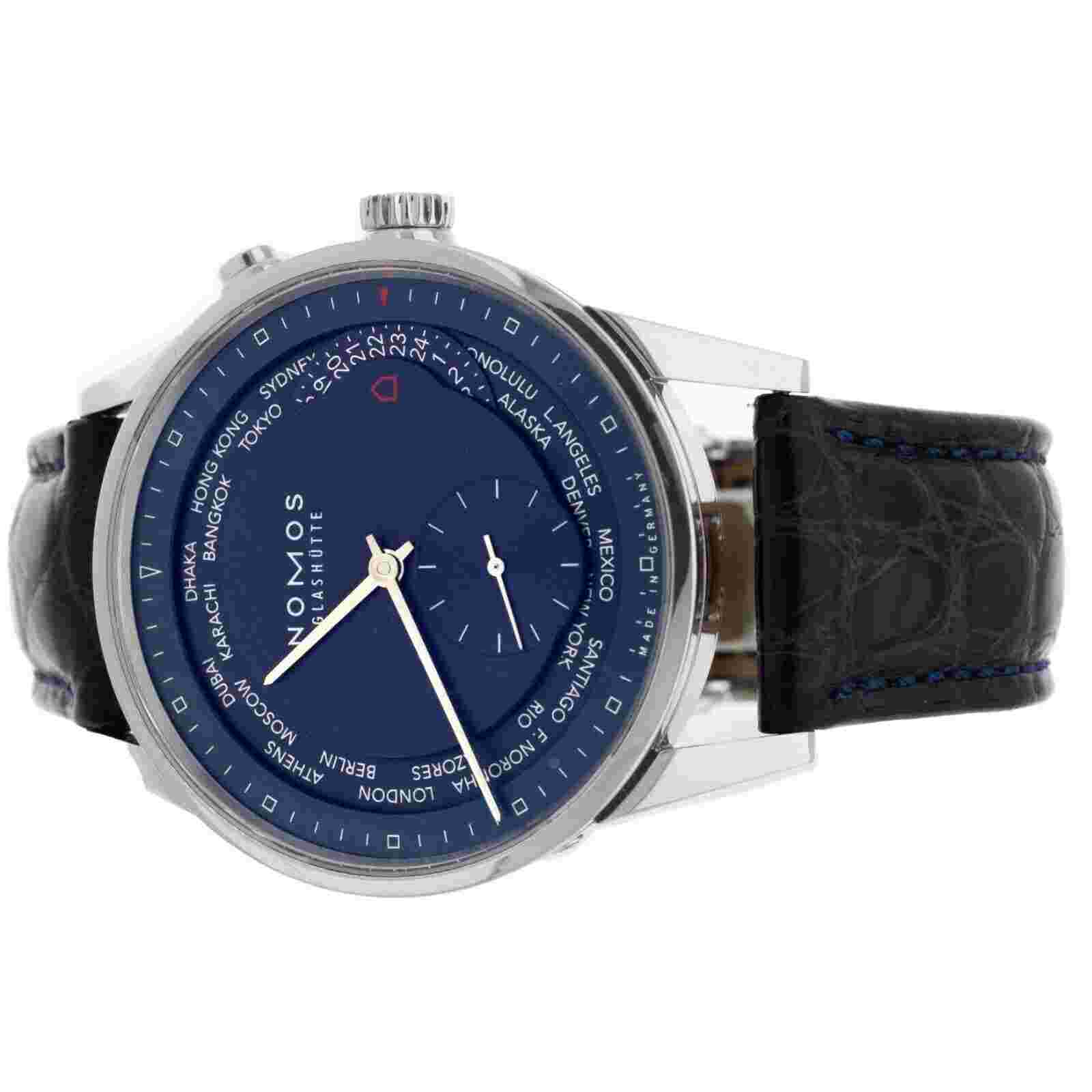 Nomos Zürich World Time Blue Dial Steel Case Blue Strap