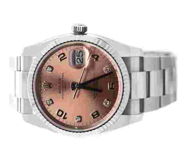Rolex Date Salmon Diamond Dial Steel Watch