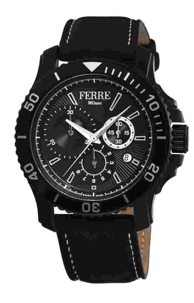 Ferre Milano IP Black Black Calfskin Leather FM1G070L0121 Watch