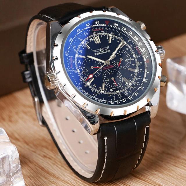 JARAGAR Black Leather Band Mechanical Sport Pilot Military Men's Wrist Watch
