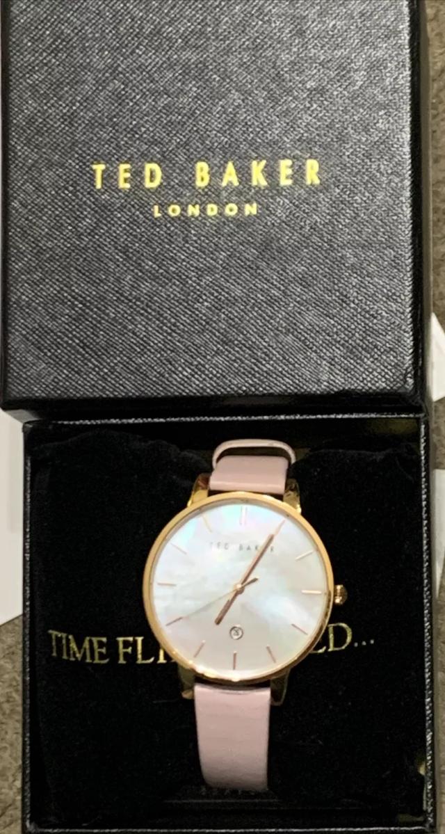 NEW Genuine Ted Baker Ladies Rose Gold Watch Pink Leather Strap & Date MOP Face