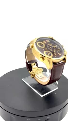 JBW Men Watch J6353A G4 Swiss Quartz 3 Time Zone Diamond Gold Brown Dial Leather