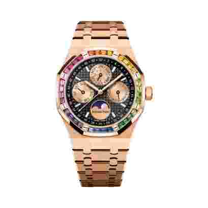 Audemars Piguet Royal Oak 26614OR.YY.1220OR.01 Perpetual Calendar Ltd Edition Rose Gold Black Dial Rainbow Bezel 41mm Men’s Watch