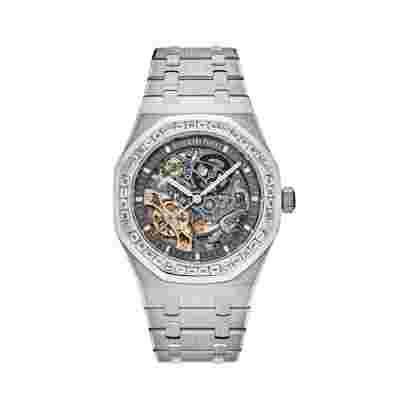 Audemars Piguet Royal Oak 15412BC.ZZ.1220BC.01 Double Balance Wheel White Gold Baguette-cut Diamond Bezel 41mm Skeleton Dial Men’s Watch
