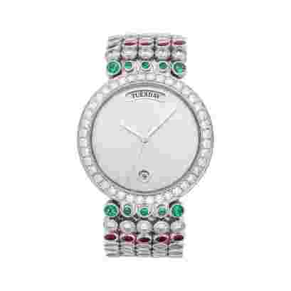 Harry Winston N01030224 Platinum Diamond, Emerald, and Ruby-set Bracelet 37.5mm Silvered Dial Ladies Watch