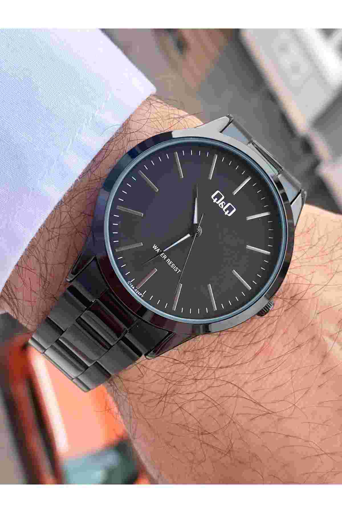 Q&Q Erkek Metalik Siyah Çelik Kordon Quartz Kol Saati - 44 Mm Iyon Kaplamalı Siyah Kadran