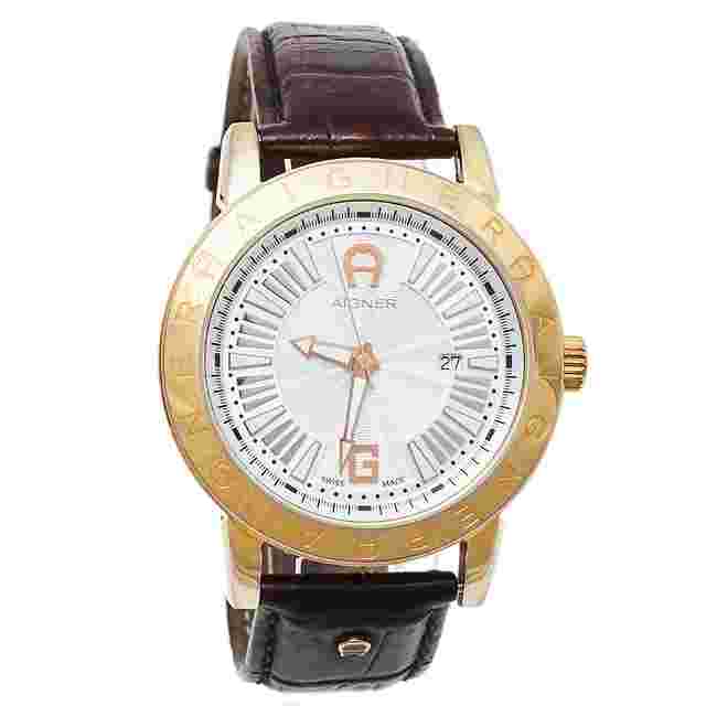 Aigner Silver Gold Tone Stainless Steel Leather Cortina A26000 Men's Wristwatch 42 mm