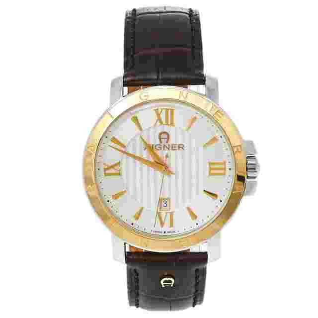 Aigner Silver Two-Tone Stainless Steel Leather Triento A09000 Men's Wristwatch 42 mm