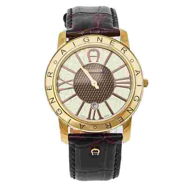 Aigner Brown Gold Tone Stainless Steel and Leather Murano A35100 Men's Wristwatch 40MM