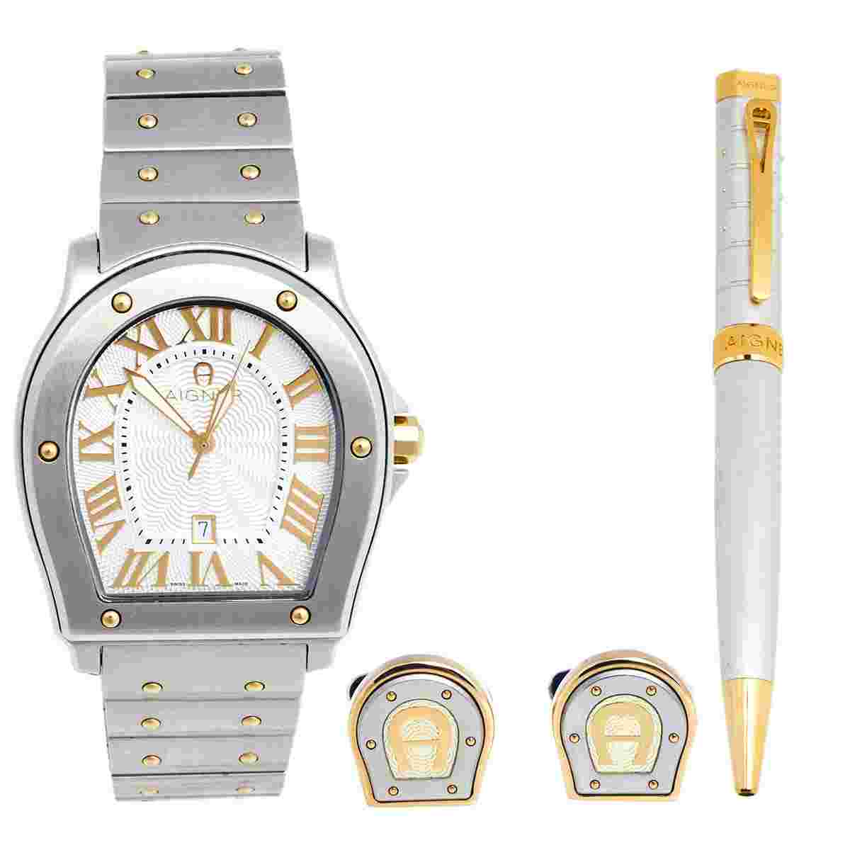 Aigner Silver Two Tone Stainless Steel Signa A105101 Men's Wristwatch Set 40 mm