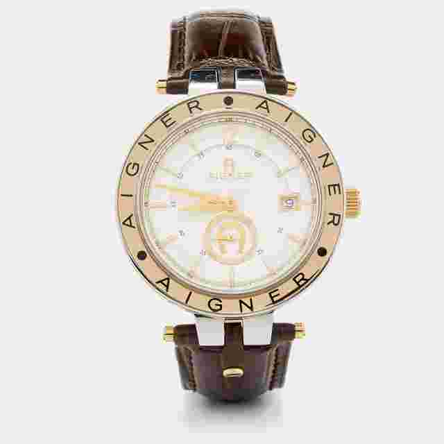 Aigner Silver Two Tone Stainless Steel Leather Murano A35100 Men's Wristwatch 40 mm