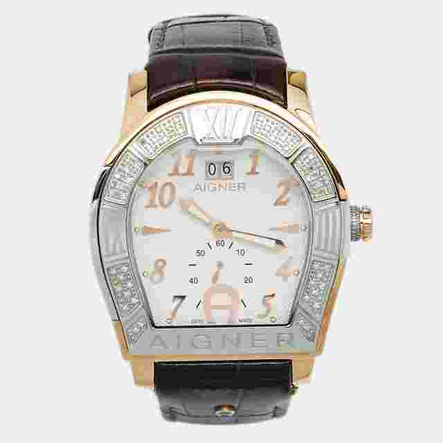 Aigner White Two Tone Stainless Steel Embossed Leather Diamond Roma A38100 Men's Wristwatch 45 MM