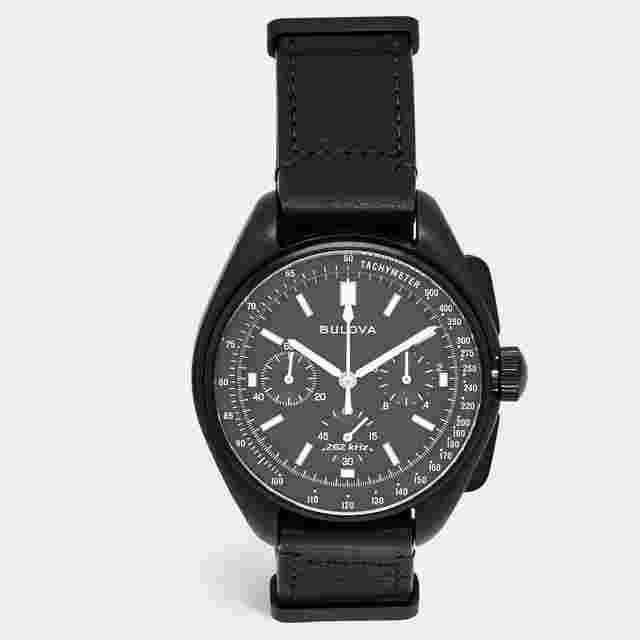 Bulova Lunar Pilot Dark Side Special Edition 98A186 Black Dial Ion Plated Stainless Steel Leather Men's Wristwatch 45 mm