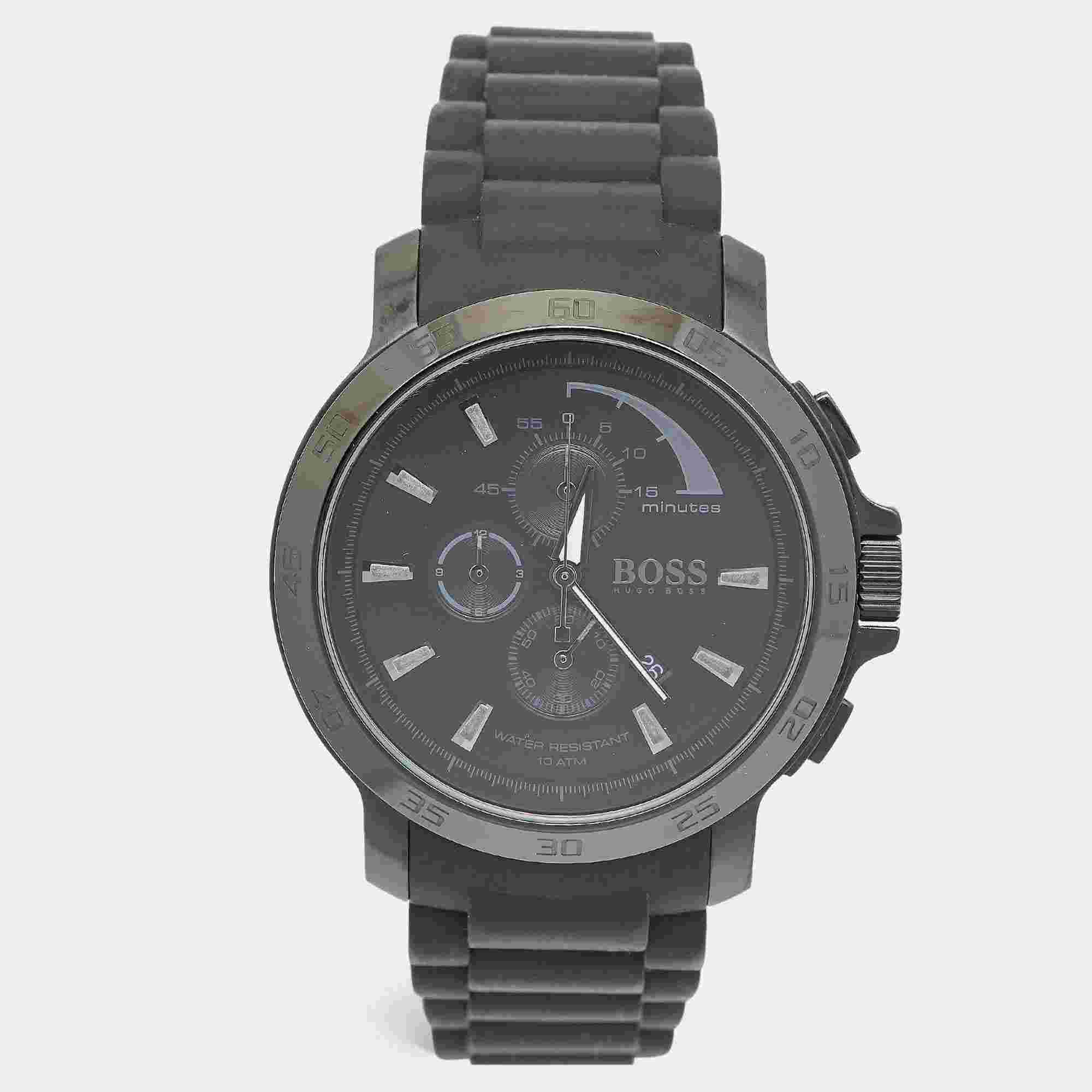 Boss By Hugo Boss Black Ion Plated Stainless Steel Rubber HB.76.1.34.2161 Men's Wristwatch 47 mm