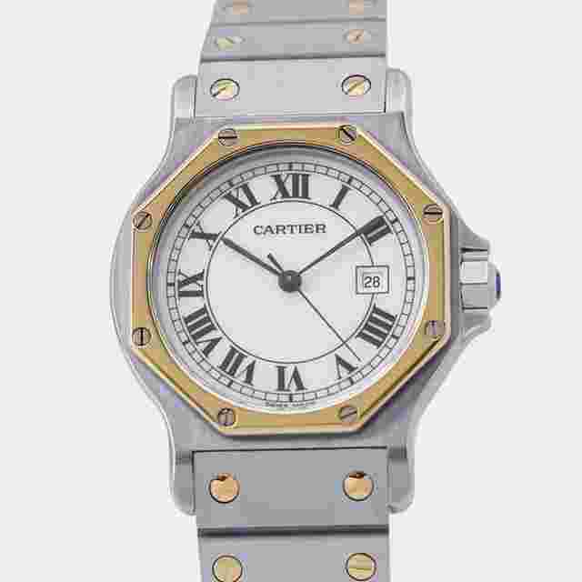 Cartier White Santos Octagon 2966 18K Yellow Gold Stainless Steel Automatic Men's Wristwatch 30mm