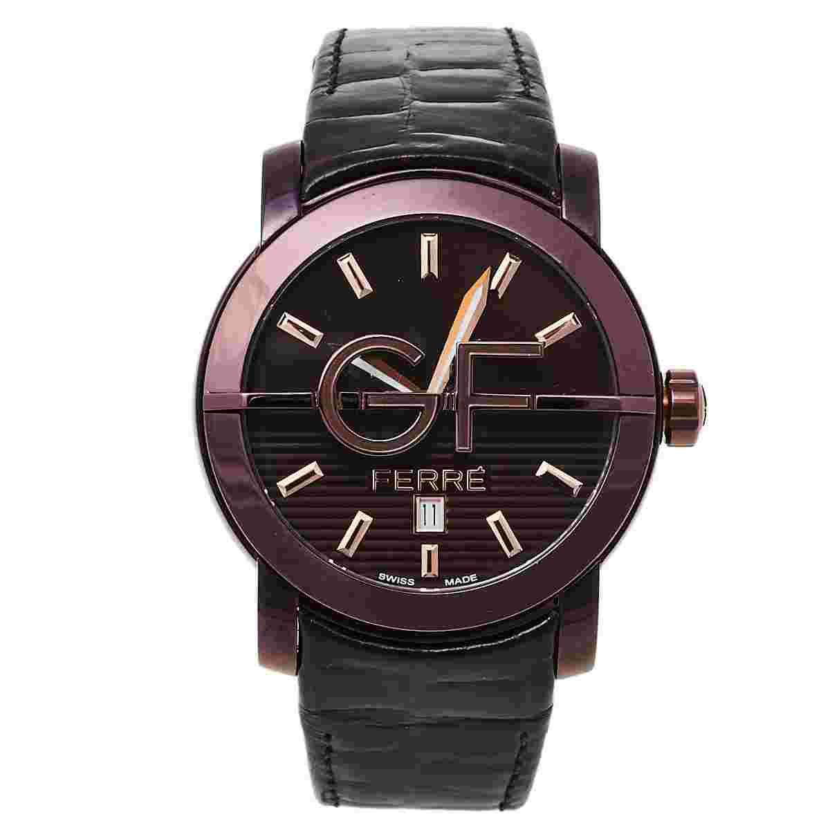 GF Ferre Brown IP Coated Stainless Steel Leather 9104M Men's Wristwatch 44 mm