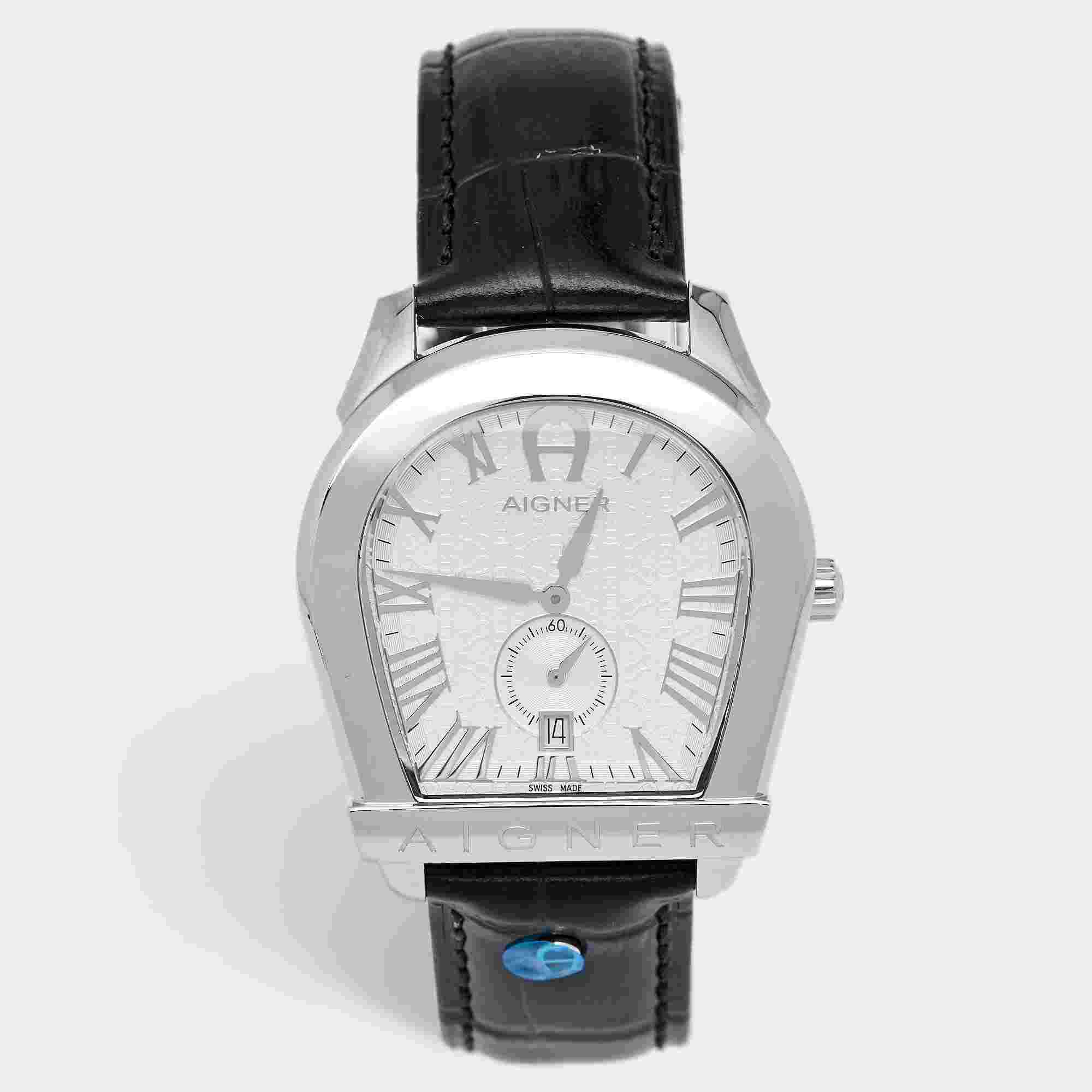 Aigner Silver Stainless Steel Leather Viterbo A10100 Men's Wristwatch 40 mm