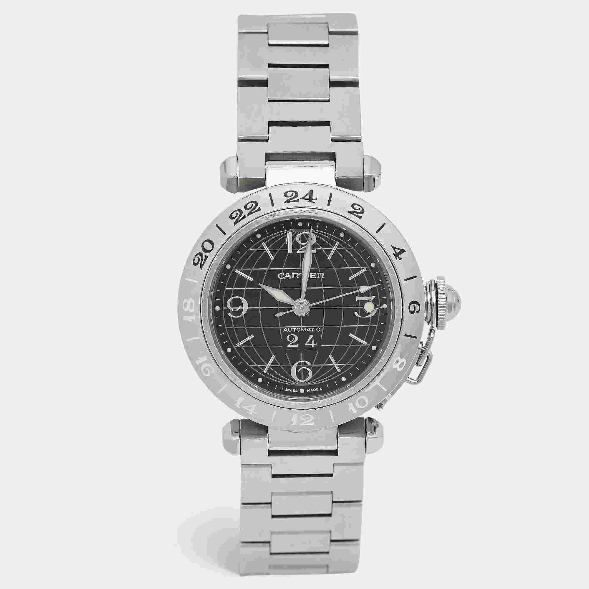 Cartier Pasha De Cartier W31049M7 Black Dial Stainless Steel Unisex Wristwatch 35 mm