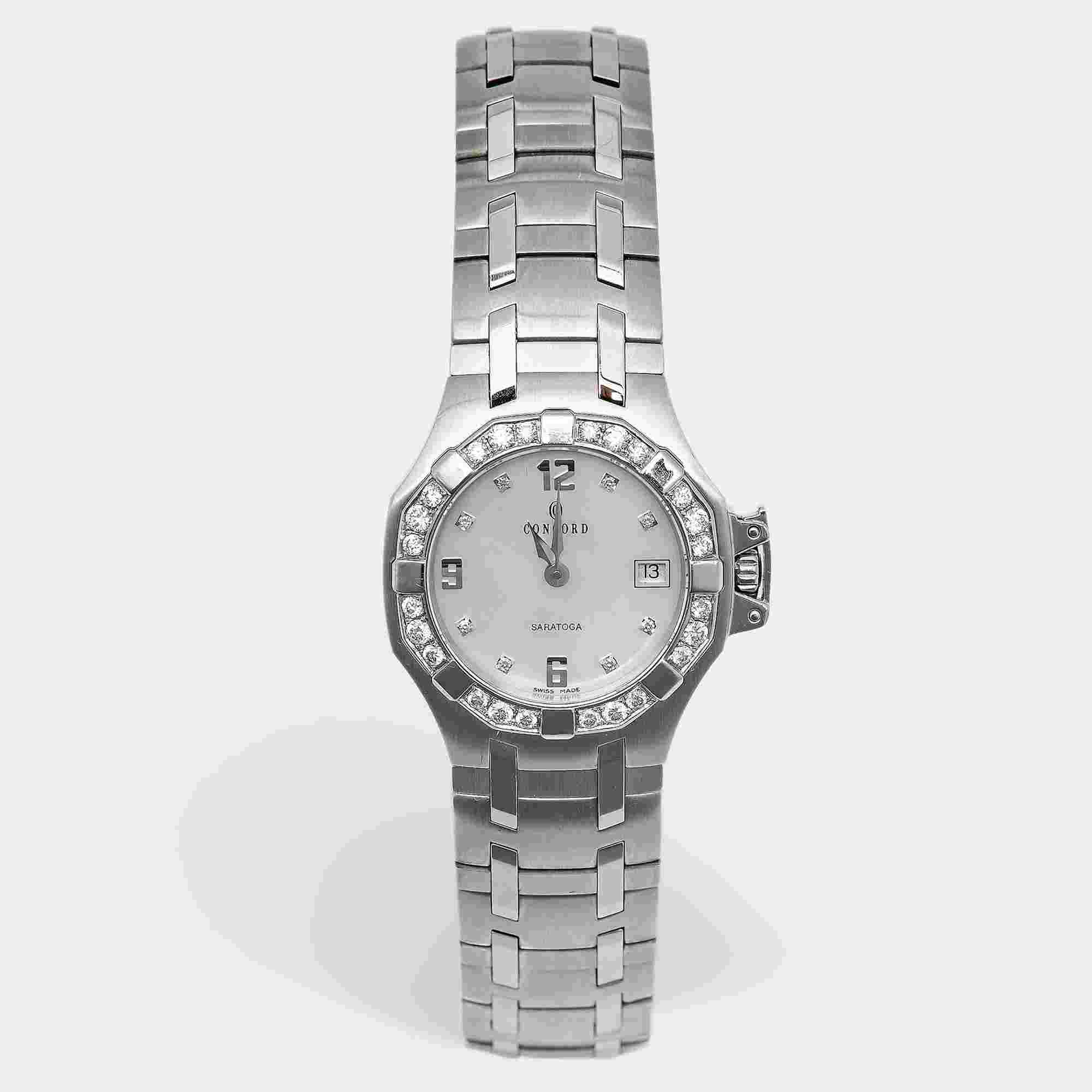 Concord Saratoga 14.E1.1855 Mother of Pearl Diamond Dial Stainless Steel Women's Wristwatch 28 mm